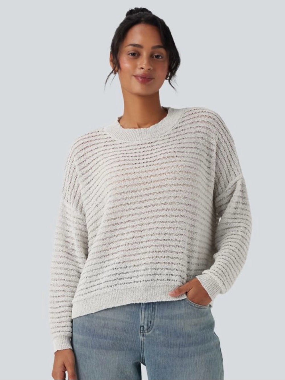 HALARA Open-Knit Crewneck Sweater in Cream